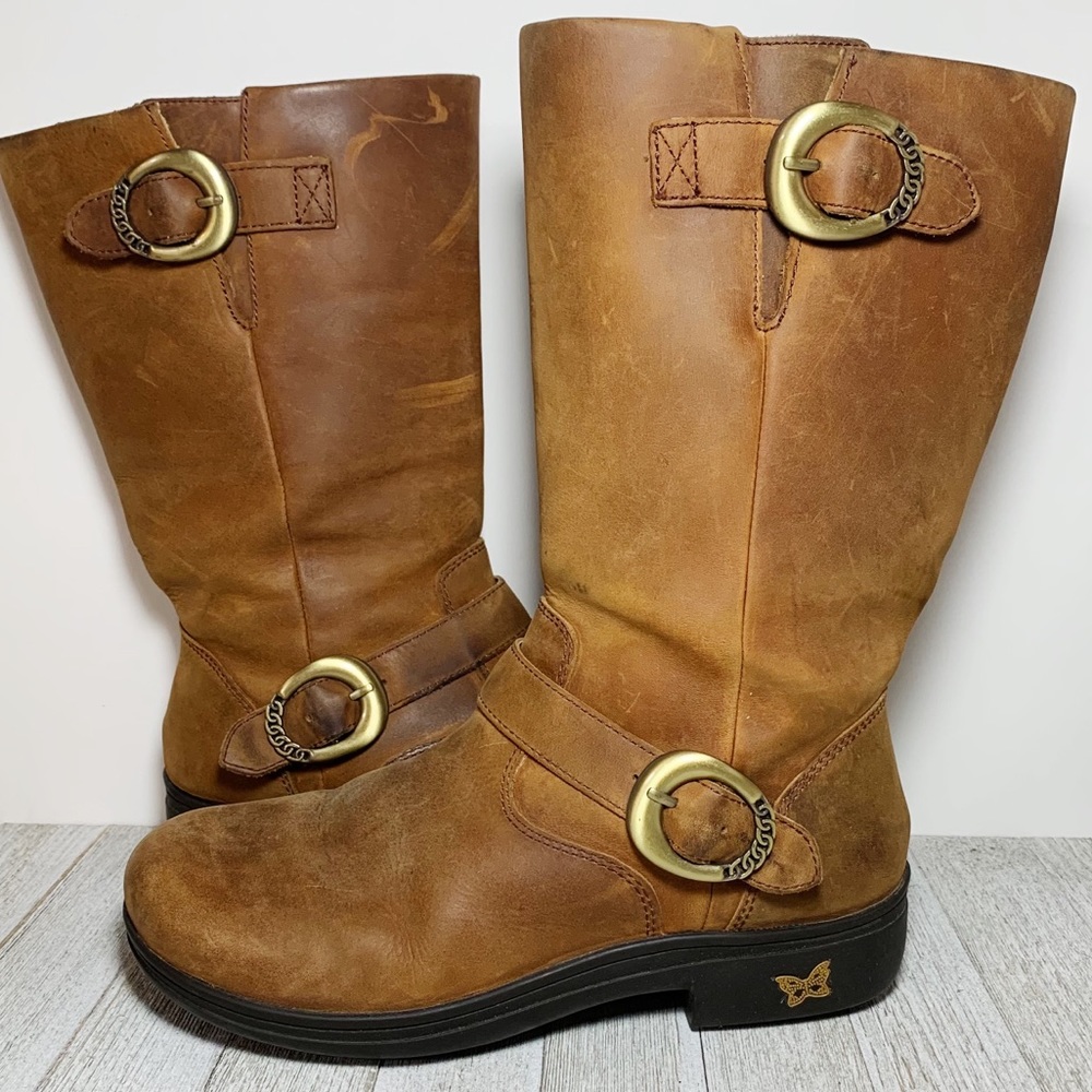 Alegria Tan Leather Gold Buckle Mid Calf Boots